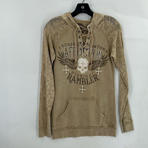 Affliction Tops - Affliction Women's Tan Long Sleeve Hooded Pullover Graphic Top Size Small